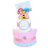 ベビーアルテ おむつケーキ Sassy ( サッシー)  ベビーパーティー2段 おむつケーキ 【おむつ:パンパースSサイズ】 【カラー:ピンク】 今治 タオル 歯固め