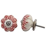 Set of 2 Pieces Red Leaf Floral Ceramic White Cabinet Knobs Furniture Handle Drawer Pull Vintage Des