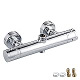 サーモスタットシャワー混合栓　浴室水栓 サーモスタット混合栓 2ハンドル 一時止水あり 上下吐水 シャワー ラウンド バー ミキサー バルブ タップ クロム 浴室 ツイン アウトレット 2年保証