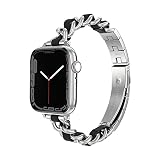 AiMaoo 22年ニュー設計 Apple Watch Series 8 41mm/Series 7 41mm/Series 6/5/4 40mm/Series 3/2/1 38mm/Watch SE 44mm 用 バンド ステンレス鋼+革 交換用ベルト レディース ストラップ サイズ調節 おしゃれ 女性用 iWatch 38mm/ 40mm/ 41mm 対応 (シルバーとブラック)