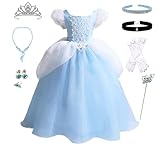 [Elmia] ドレス プリンセス 子供 ドレス ハロウィン クリスマス なりきり アクセサリー 8点 セット （ティアラ ネックレス リング イヤリング スティック 手袋 カチューシャ チョーカー ） (140, シンデレラブルー(8点セット))