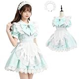 [AOTYP] メイド服 コスプレ コンカフェ メイド レースフリフリ ショート丈 メイドコスチューム ハロウィン仮装 メンズ セット 一式 こすぷれ イベント パーティー 大人 女装 大きいサイズ ハロウィン 学園祭 撮影 オタクダンス グリーン5XL