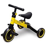 RiZKiZ 3in1 折りたたみ三輪車 二輪車 3WAY 1歳から5歳まで 足蹴り ハンドル サドル 調整可能 空気入れ不要 [イエロー]