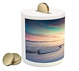 NatureコインボックスBank by lunarable、冬Sunrise On Mountain Valley With古い家Nordic Misty Sky View、印刷セラミックコイン銀行