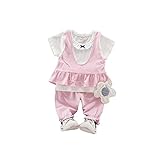 夏Ｔシャツ+パンツ 上下3セット 女の子の服 Pojour 1-6歳キッズ用　子供かわいい服 綿 通気 ピンク(70cm)