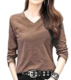 [ODFMCE] レディース tシャツ 長袖 秋 vネック 綿 無地 トップス おしゃれ きれいめ 大きいサイズ (JP, アルファベット, M, ブラウン)