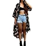 Women Coverup,Neartime Floral Print Chiffon Shawl Kimono Cardigan Black Cover up (L) [並行輸入品]