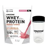 WINZONE（ウィンゾーン）ホエイ プロテイン パーフェクトチョイス 1kg 【シェイカー付き】 サワーストロベリー風味 国内製造 11種ビタミン 4種ミネラル モンドセレクション最高金賞 日本新薬