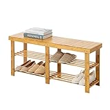 2層の靴の棚、座るために靴のベンチを変える、家庭用ロングテールの靴のキャビネット、純木の北欧の靴ラック収納（竹素材）-100cmX25cmX45cm