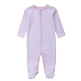 Mother Nest 足つき ロンパース カバーオール 前開き 長袖 女の子 ベビー服 秋冬用 ピンク コットン100％ ロンパース1枚 (0～3ヶ月, ボーダー)