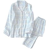 [Qupinhui] パジャマ 純綿ダブルガーゼパジャマスーツズボンのチェック柄の薄いセクションのホームサービス 長袖 上下セット 吸汗 通気 肌に優しい 部屋着 春・夏・秋・冬用
