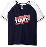 MLB Minnesota Twinsレディースチーム半袖ラグランTシャツと腕ストライプ、1 x、ネイビー/ホワイト