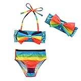 女の子　ベビー　水着　子供水着 レインボー ボーダー マリン りぼん 付　スレインイムウェア キッズ ジュニア ガールズ　虹　 スクール にも　 (100)