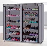 大容量収納カバー付きシューズラック　六段（115＊112＊27cm） (シルバーグレー)