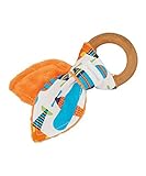 Natural Organic Maple Wooden Teething Ring Toy - Bunny Ears Teether - Airplane Fabric and Orange Min