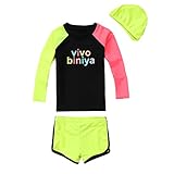 VIVO-BINIYA 最新 子供水着 男女兼用 3点セット 長袖 ラッシュガード セパレート スクール 水泳 日焼け防止 海水浴 キッズ水着 女児水着 男児水着 スイムキャップ付 水着 UPF50+