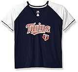 MLB Minnesota Twins女性用ショートスリーブラグランDeep VネックTシャツ、4 x、ネイビー/ホワイト