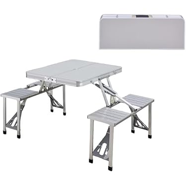 折りたたみ式　アルミ製テーブルチェア一体セット シルバー 折りたたみ式 アルミ製テーブルチェア一体セット シルバー