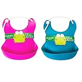 （SHINA)2点セット　赤ちゃん お食事 エプロン シリコンエプロン　ポケット付き　防水　耐用　洗濯しやすい (青+バラ色)