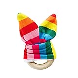 Wooden Teething Ring With Minky Fabric Bunny Ears | Rainbow Stripe by Ayah Baby