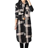 Unscript レディース アンシメトリー チェック柄 ロング シャツ ワンピース 七分袖 長袖 ひざ丈 薄手 カジュアル ３色展開（青、赤、黒）M～XXXL