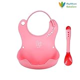 Raymoon 　食事用　可愛い 防水 エプロン　ベビーソフトスタイ　シリコン　大きいポケット付き 軽くて柔らかい 食事こぼしキャッチ　持ち運び便利　贈り物　出産祝い　洗いやすい　キャラクター　ピンク