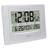 QUIGO デジタル壁掛け時計 電波デスクアラーム 大きなディスプレイ 電池式 寝室 オフィス 屋内温度 (シルバー)