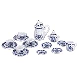 Naisidier ミニティーセット おもちゃ ドールハウス ティーセット ティーポット カッププレート ブルーとホワイト 磁器 15個