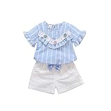 夏ベイビー服 女の子Ｔシャツ Pojour キッズ用かわいい花　パンツ 2セット 子供ギフト 綿 通気 ブルー（80cm）