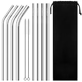タピオカミルクティー用ステンレススチールストロー、GOMMLE再利用可能な金属製ストロー、長さ21.6cm、外径6mm/8mm/10mm/12mmクリーニングブラシ、持ち運び用ポーチ付（8本）
