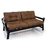 ソファ ソファベッド 北欧家具 カウチ・ソファ・フラット 3way変形 ミルフィーユマットレス 天然木フレーム 2人掛け ヴィンテージ風ファブリック ブラックフレーム/ブラウン