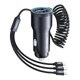TRANYOO T-C23 車載充電器, 30W出力, 3-in-1充電ケーブル内蔵, デュアルUSBポート, マイクロUSB/ライトニング/Type-C対応, アルミ合金製