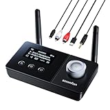 Bluetooth 5.3 トランスミッター レシーバー SBC 対応 - SOOMFON 3-in-1 ブルートゥース 送信機 受信機 BYPASS 一台三役 Aux 3.5mm RCA 光 デジタル接続 画面表示 2台同時接続 通信距離30M テレビ スピーカー アンプ スピーカー イヤホンなど適用