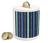 ブルーコインボックスBank by lunarable、抽象Thick and Thin Lines Stripes Navy Sea Life Inspiredイメージ印刷、印刷セラミックコイン銀行