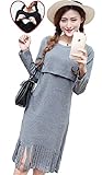 (ココアンドユカ) COCO&YUKA 裾 フリンジ レディース 膝 丈 ワンピース 長袖 授乳 服 授乳口 かわいい シック マタニティ (XL, グレー)