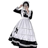 [NOKIJP] メイド服 コスプレ イギリス風 レース リボン コスチューム 英国 ハロウィン 正式 メイドカフェ 喫茶店 仮装 女装 大きいサイズ （ロング 長袖 レース感アップ、XL）