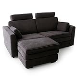 LOWYA 【Wポケットコイル】 贅沢 ソファ 体圧分散 オットマン ヘッドレスト付き 3人掛け ファブリック素材 リビングソファ ブラック おしゃれ 新生活