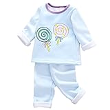 KINDOYO 4サイズの子供服ベビー服男性と女性の赤ちゃん服ラウンドネック長袖 トップス+ズボン ロリポップパターン, ブルー