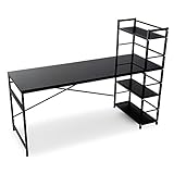 デスク パソコンデスク 収納ラック付 左右対応 角丸天板 ワイド 幅160cm ガラス天板 ブラック