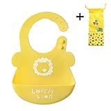 食事用スタイ エプロン ビブ 食品級シリコン ベビー 赤ちゃん キッズ ポケット付き 防水 漏れ防止 水洗い可 折り畳み ３段階に調整できる 収納袋付き (イエロー)