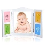 Sorliva ベビーフレーム　手形足形フレーム　木製フレーム　見開き三面タイプ　　出産お祝い　プレゼントとして最適　ベビー記念品　DIYフレーム　無毒で安全　四色粘土