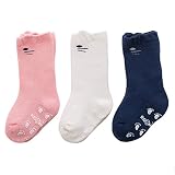 XIKA ベビー用 ソックス 靴下 防寒 厚手 滑り止め付き ロング丈 ルームソックス 0-3歳 ゆったり 3足セット (ネコ柄M（1-3歳の子供におすすめ）)