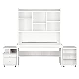 日本製 パソコンデスク 4点セット 木製 デスク 幅150cm 〔デスク+上置き棚+チェスト2台〕 ホワイト