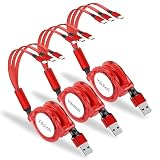 【3パック】 3in1 充電 usb c ケーブル 巻き取り式, タイプ C ポートアダプター付き QC3.0急速充電 高速データ転送 高耐久 マル 軽い 運び便利 部屋収納 iphone17/16/15/シリーズ スマホ/PC/タブレットなどType-C対応等Type-c機種対応その他Android機器 (赤)