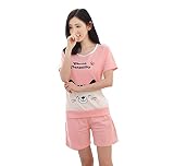 Easycos パジャマ レディース 上下セット ピンク 半袖 かわいい エレガント ソフト ルームウェア 部屋着 便利服 (L)