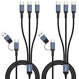 3 in 2 マルチ充電ケーブル、[2本セット1.5M 60W 3.1A]、ESUYI Type C スプリッター ケーブ、USB-A/C to USB-C ナイロン編み PD & QC 高速充電コード、USB C 分岐 ケーブル,3つのType-Cポート搭載でスマホ/タブレット対応.