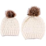 D DOLITY 2PCS　親子　冬　秋　暖かい　帽子　ニットビーニー　ボール　キャップ　ソフト 　全５色　　 - 白