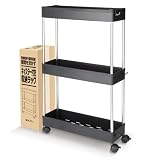 【anan掲載 整理収納アドバイザー監修】ワゴン キャスター付き 3段 スリム 棚 ラック 幅12.5cm 《隙間を収納に変える！》 キッチン 冷蔵庫 洗面所 洗濯機横 トイレ ペットボトルストッカー 工具ツール 東洋プラン (ブラック)
