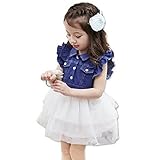 美来Kids 女の子 デニム 切り替え チュール ワンピース 半袖 キッズ ジュニア 子供　2色 (110, ホワイト)