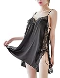 [ロカロカ] ランジェリー ベビードール 横開き サテン ハーフスリップ キャミソール レース レディース ネグリジェ (ブラック, M)